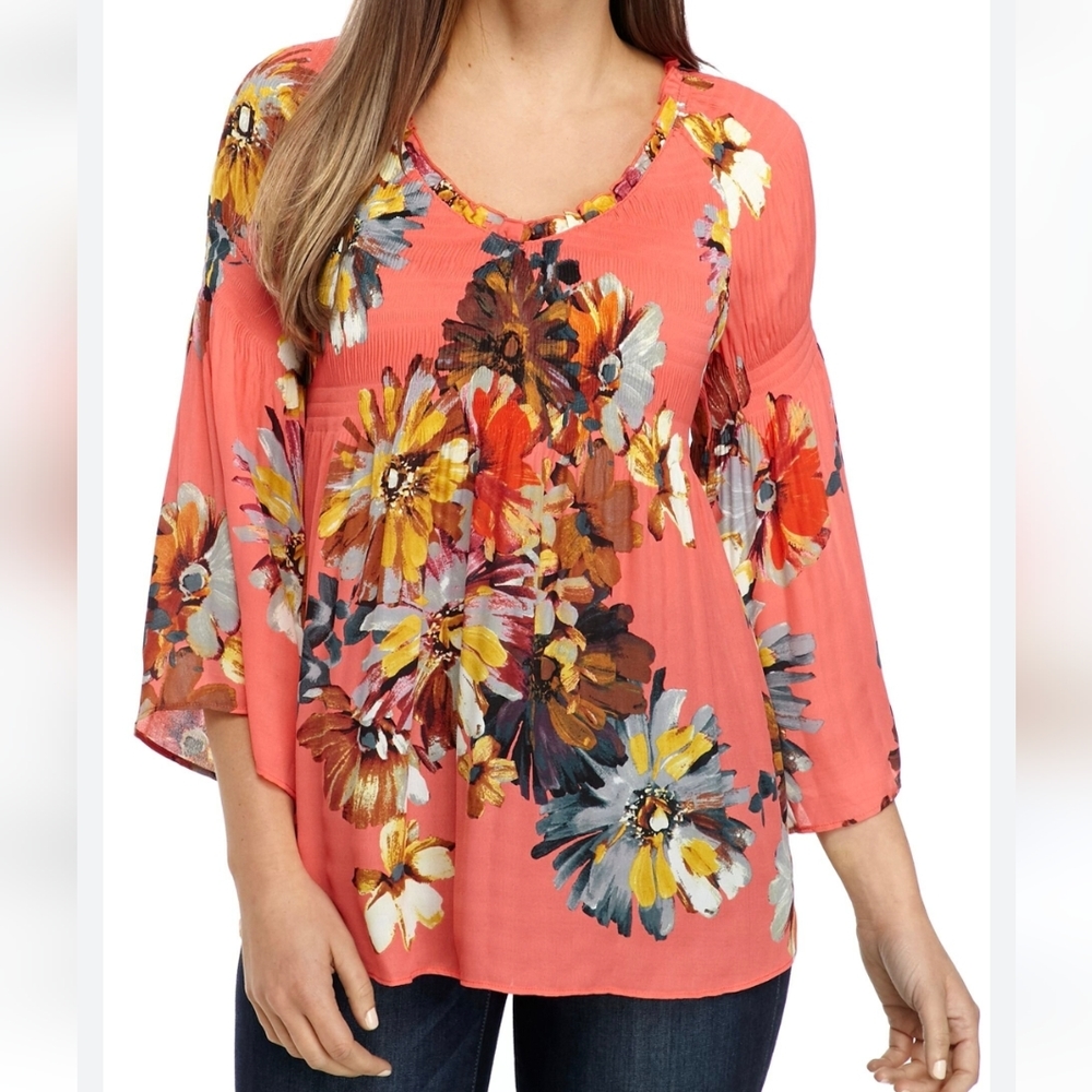 ❤️ SPENSE Blouse flowy floral pullover top tunic multicolor 3/4 sleeve Size M